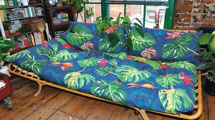 Indoor living space showcases a daybed adorned with tropical leaf patterned cushions and plants