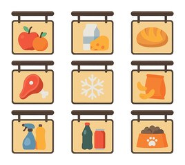 Grocery Aisle Icons. Flat icon set of grocery aisle signage: fruits sign, dairy sign, bakery sign, meat