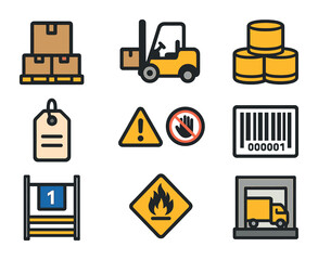 Warehouse Icon Set. Flat icon set of warehouse aisle markers: pallet storage label, forklift icon, bulk