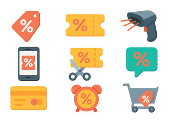 Discount Icons Collection. Flat icon set of using discounts and coupons: percentage tag, coupon ticket,