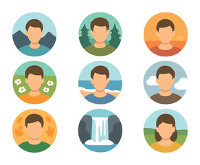 Nature Photography Icons. Flat icon set of portrait photography with nature backdrops: mountain silhouette,