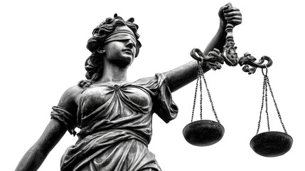 Blind Lady Justice Statue with Scales Isolated in Black and White