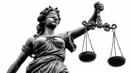 Blind Lady Justice Statue with Scales Isolated in Black and White