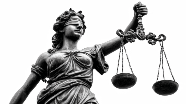 Blind Lady Justice Statue with Scales Isolated in Black and White