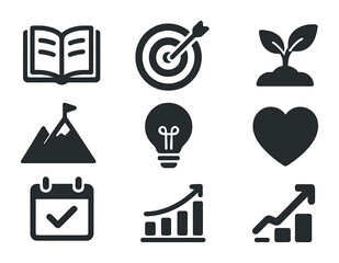 Personal Growth Icons. Flat icon set of personal growth milestones: open book, goal target, growing plant, © Ms. Fox