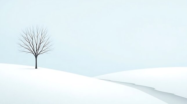 Minimalist Winter Landscape with Snow Trail and Bare Tree &ndash; Tranquil Nature Scene Background Theme and wallpaper. Ai