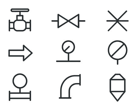 Piping Symbol Grid. Flat icon set of piping and instrumentation symbols: pressure valve symbol, check valve
