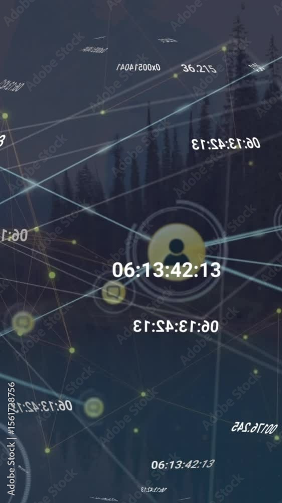 Poster animation of network of digital icons and data processing against landscape with trees