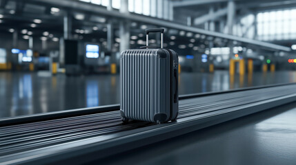 A gray suitcase is moving on the conveyor belt in the airport, a travel concept. 3D rendering with copy space.