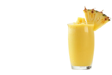Chilled pineapple smoothie with garnish, isolated on white background.