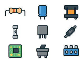 Electrical Components Icons. Flat icon set of electrical components: resistor, capacitor, transformer, fuse,