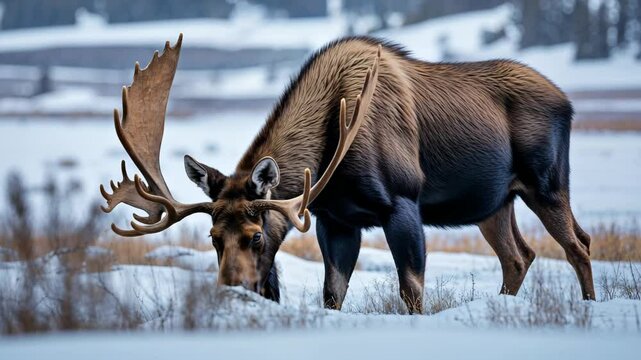 Majestic Bull Moose Foraging in Snowy Winter Landscape of Jasper National Park, Alberta