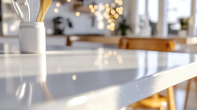 High-end minimalist kitchen with white island featuring soft lighting and bokeh ideal for bold overlay text or banner compositions. Clean and bright kitchen background