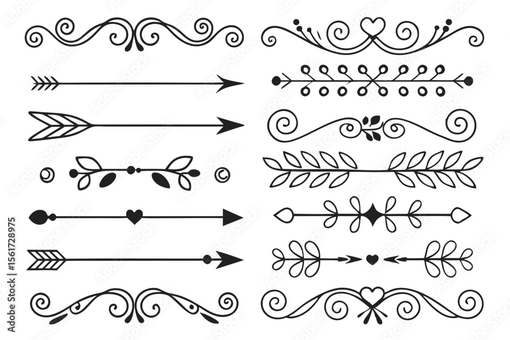 Fototapete decorative arrow and swirl borders with floral accents in hand-drawn black vector. elegant dividers 