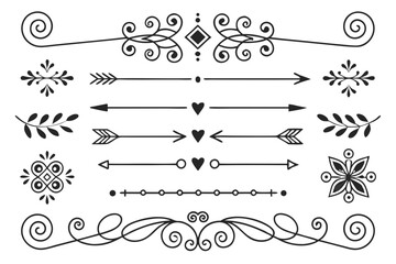 Fototapeta premium Ornamental Hand-Drawn Divider Set in Elegant Black Vector Featuring Arrows, Floral Swirls, and Vintage Curves for Invitations and Creative Layouts.