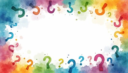 Watercolor background with question marks frame. Colorful abstract design template with paint texture. Illustration features frame of question marks in multiple colors on white background. Ideal