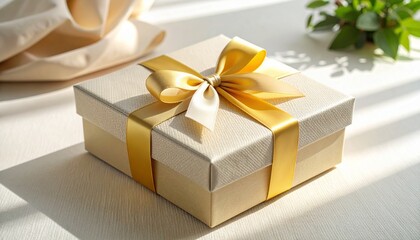  Gift Box with Blue Satin Ribbon on Warm Beige Background