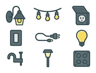Patio Lighting Icons. Flat icon set of lighting and electrical for patios: wall sconce, string lights, outdoor