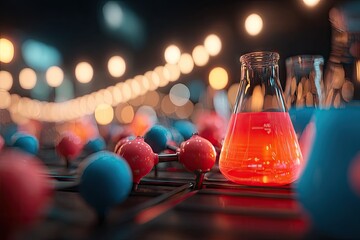 Close-up of lab glassware with vibrant liquids and molecular models.  Bokeh of city lights in the background