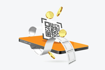 Pay for online purchases by scanning a QR code on your smartphone and a paper receipt or invoice will appear and float in air around area, vector 3d isolated on white background for financial concept