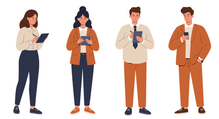 Obraz premium Group of four young professionals using devices and taking notes 