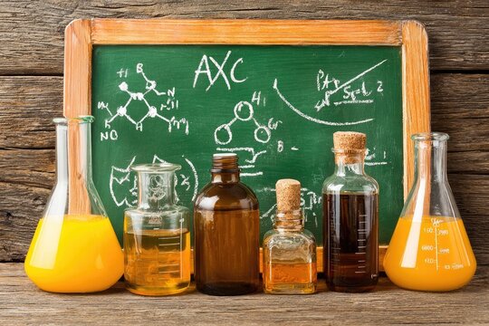 Chemistry lab equipment and a chalkboard with chemical formulas