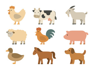 Fototapeta premium Farm Animal Icons. Flat icon set of farm animals at home: chicken, cow, goat, sheep, rooster, pig, duck, horse