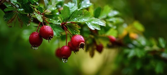 Fototapeta premium The vibrant hawthorn berries glistening with water droplets after rainfall.