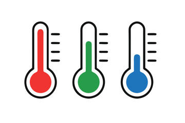 Three Thermometers Displaying Various Temperature Levels Representing Hot, Moderate, and Cold Conditions Against a White Background with Black Borders