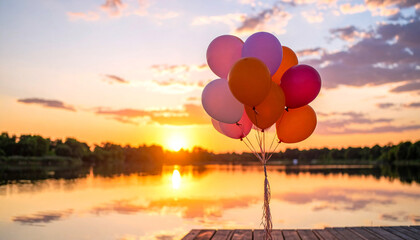 Fototapeta premium Colorful Balloons on Lake Pier at Sunset