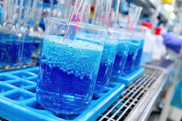 Beaker experiment with vibrant blue liquid and bubbles