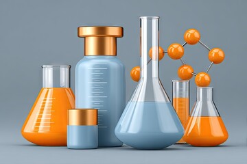 Group of scientific glassware and bottles, light blue and orange, on a neutral background.  3D rendering