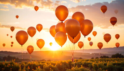 Orange Balloons Floating Over Fields at Sunset
