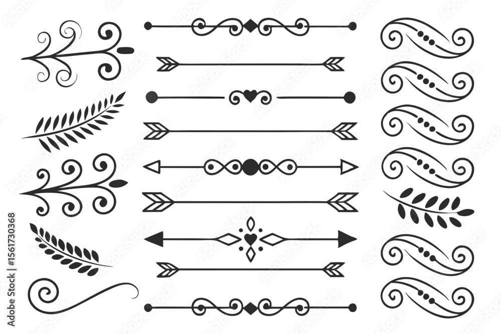 Fototapete elegant divider and floral arrow set in hand-drawn black vector featuring swirls and curves. decorat