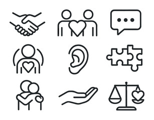 Emotional Intelligence Icons. Flat icon set of emotional intelligence in relationships: handshake, heart