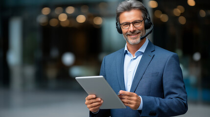 Businessman multitasking with digital contract and headset