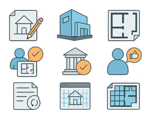 Architectural Design Icons. Flat icon set of architectural design workflow: concept sketch, 3D render, floor