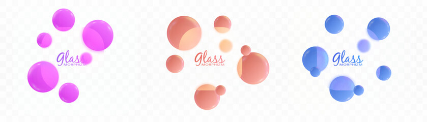 Colorful set of transparent glowing spheres in glassmorphism style with vibrant pink, peach and blue tones. Ideal for UI/UX interfaces, creative templates, and dynamic design compositions.

