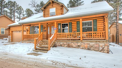 Log Cabin Residence in a Winter Wonderland under a Gray Sky with Snow Cover