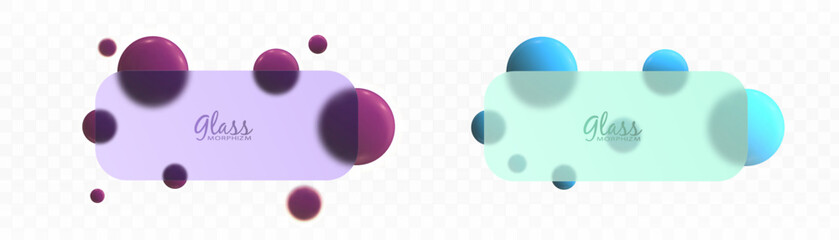 Minimalistic glass interface kit with frosted rectangular panels and glossy 3D spheres in purple and mint blue color scheme. Ideal for user interface design, apps, buttons and modern digital layouts.