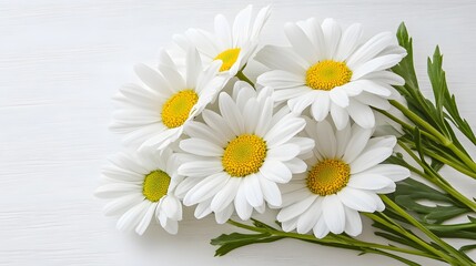 Obraz premium Beautiful White Daisies Bouquet on White Wooden Background