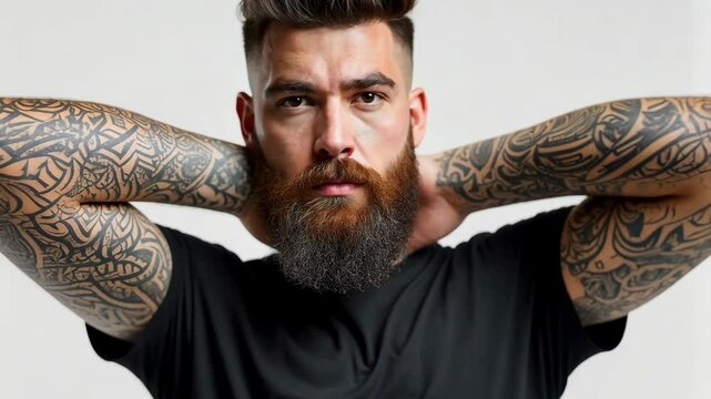 Brutal attractive bearded biker man with tattooed hands poses in black blank t-shirt from premium thin cotton, isolated on white mockup.