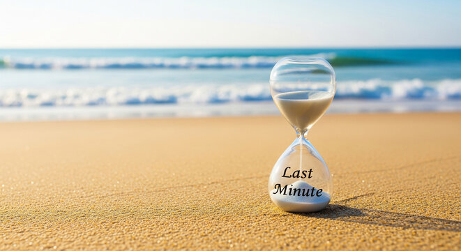 Hourglass on sand on beach with sea in background with inscription "Last minute", sale offer summer vacation, holiday travel, tourism, travel agency, background concept.