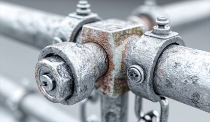 Close-up view of metal pipe connections with clasp features and Q235B steel support in construction setting