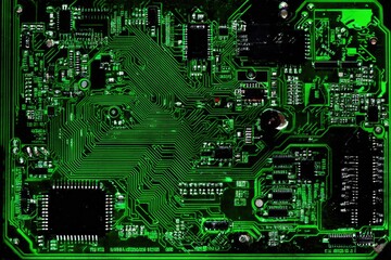 Close-up view of a glowing green circuit board. Intricate network of conductive paths and electronic components.  Dark background contrasts with vibrant green traces