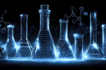 Abstract glowing lab glassware, scientific illustration