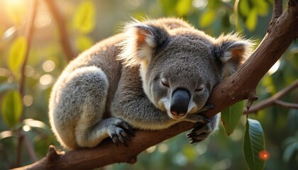 Naklejka premium Australian koala sleeping peacefully on tree branch. Mammal rests in natural habitat. Marsupial animal enjoys daylight on eucalyptus tree in forest. Wildlife fauna. Conservation of endangered