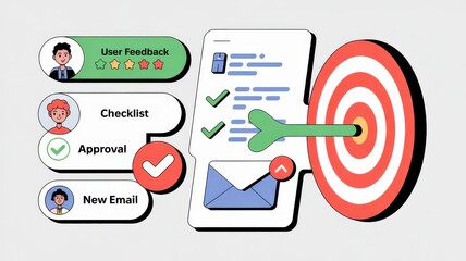 Checklist and Approval Workflow Hitting Target with Positive Feedback Icons