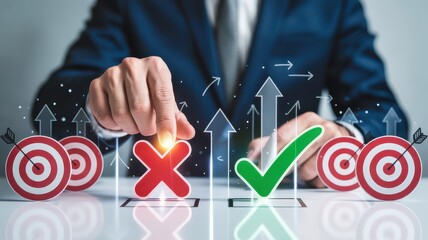 Businessman Choosing Correct Decision Symbol with Targets and Arrows