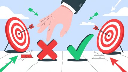Hand Choosing Right Option Among Targets and Arrows in Flat Design